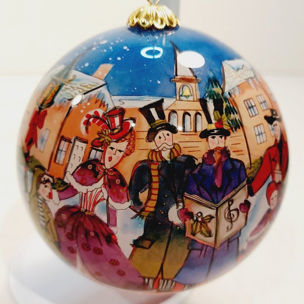Pier 1 Li Bien large "Town Carolers" Reverse Painted Glass Christmas Ornament